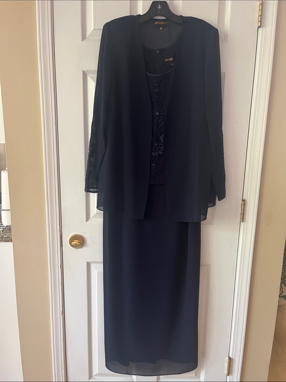 Studio I Navy Blue Beaded Evening Dress & Jacket Set